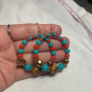 Turquoise and Gold Beaded Hoop Earrings